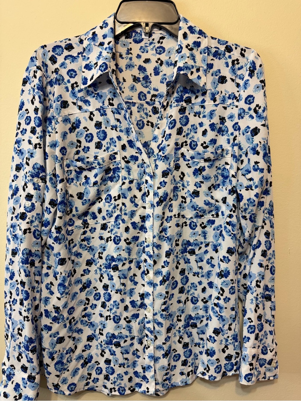 Express Portofino Blue and White Floral Button-Down Shirt